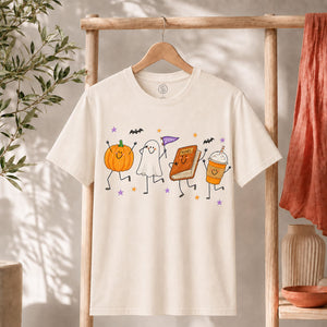 Cute Halloween Doodles Shirt with playful pumpkin, ghost, and spooky decorations, perfect for the fall season.