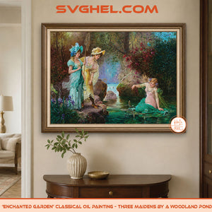 Enchanted Garden Oil Painting Three Maidens by a Pond, showcasing a serene scene with nature and mythology.