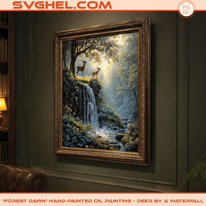 Forest Dawn Hand-Painted Oil Painting - Deer by a Waterfall in sunlit forest setting.