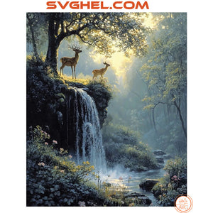 Forest Dawn Hand-Painted Oil Painting of two deer by a waterfall in a sunlit forest setting.