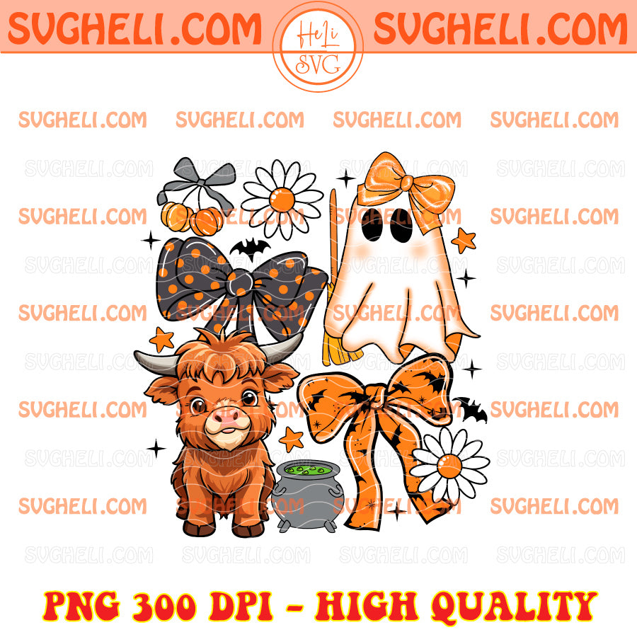 Highland Cow Ghost Png Retro Halloween Pumpkin Cow Png