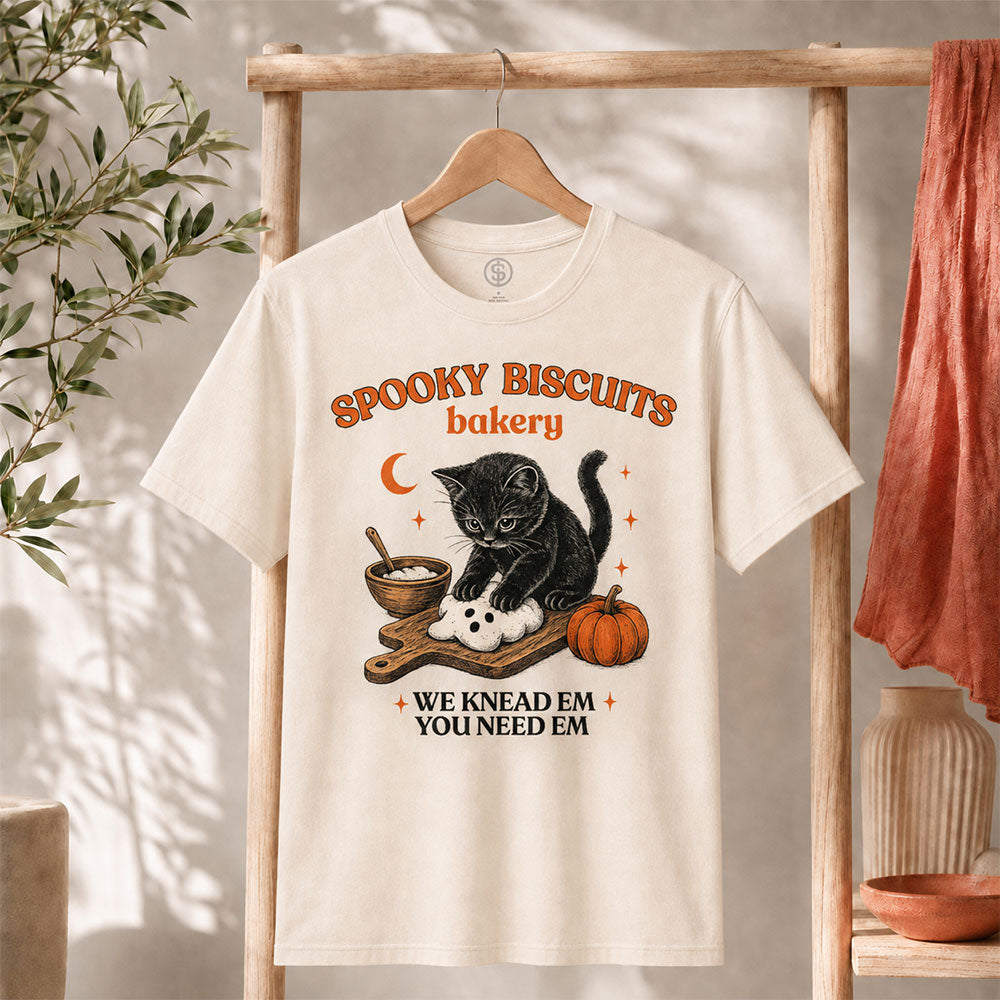 Kitty Biscuits Shirt Spooky Season T-shirt featuring a black cat design and Halloween theme.