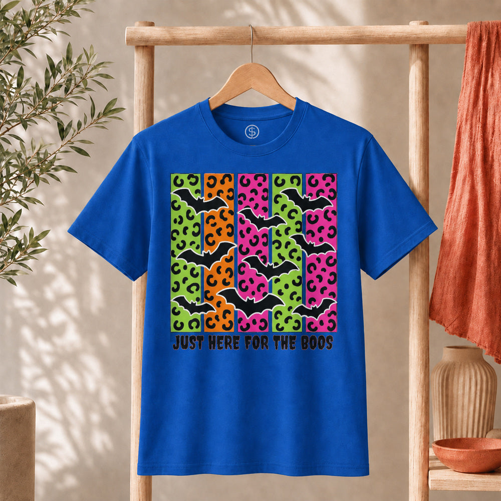 Spooky Bats Graphic Tee featuring colorful bats design and the phrase 'Just Here for the Boos'