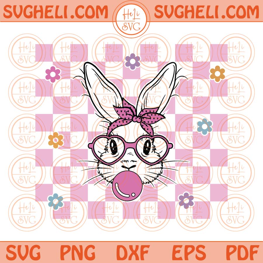 Cute Bunny With Bandana Glasses Bubblegum Svg Rabbit Bandana Svg Png Dxf Eps Files