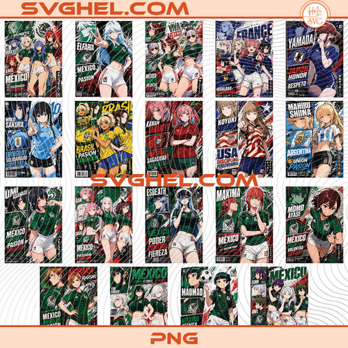 Anime Girl Mexico World Cup 2026 Png Bundle featuring various soccer-themed designs.