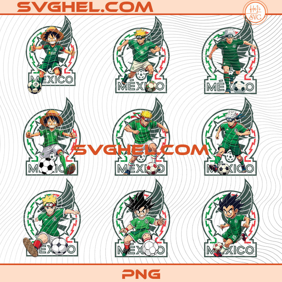 Anime Mexico World Cup 2026 Png Bundle featuring soccer-themed designs in vibrant colors.