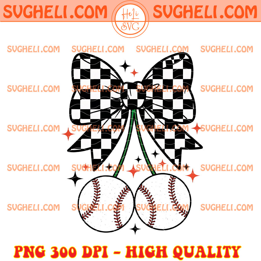 Baseball Cherries Coquette Png Checkered Baseball Bow Png