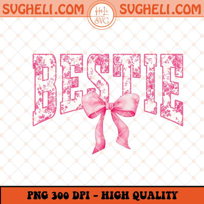 Bestie Floral Toile Pink Water Color Coquette Bow Png Sublimation Files