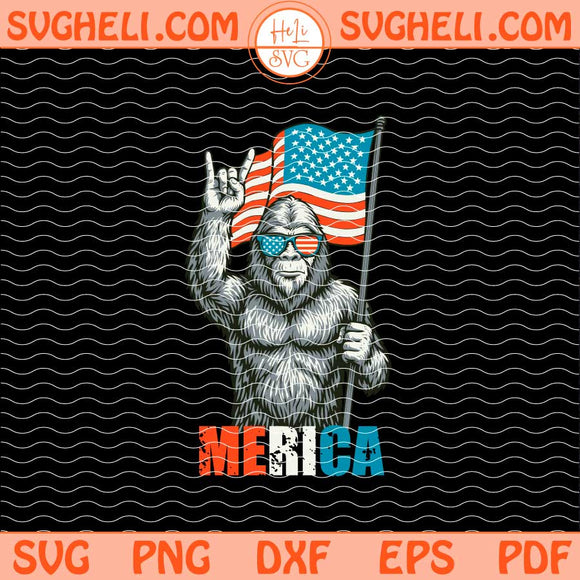 Bigfoot Merica Rock American Flag Patriotic 4th Of July Svg Png Dxf Eps Files