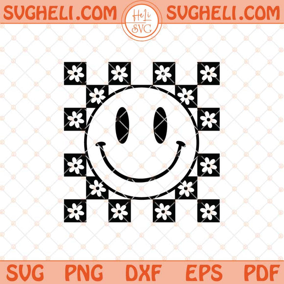 Checkered Flower Pattern Happy Face Svg Trendy Boho Svg Png Dxf Eps Files