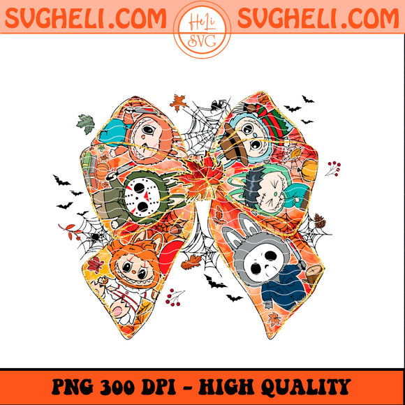 Coquette Bow Labubu Horror Halloween Png featuring colorful characters and spooky elements in high quality 300 DPI.