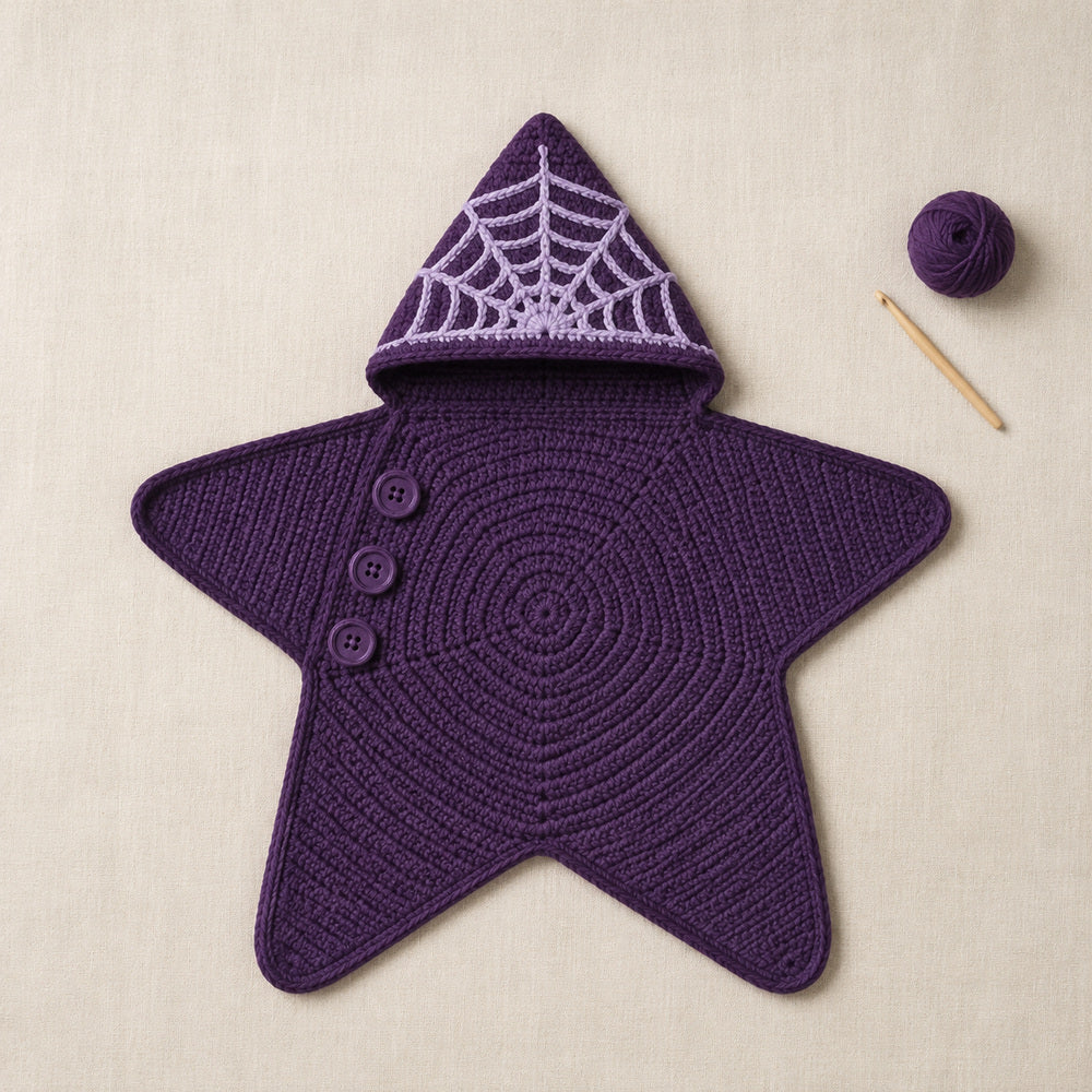 Purple spider web crochet star baby blanket with hood and buttons.