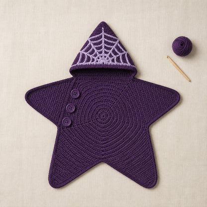 Purple spider web crochet star baby blanket with hood and buttons.