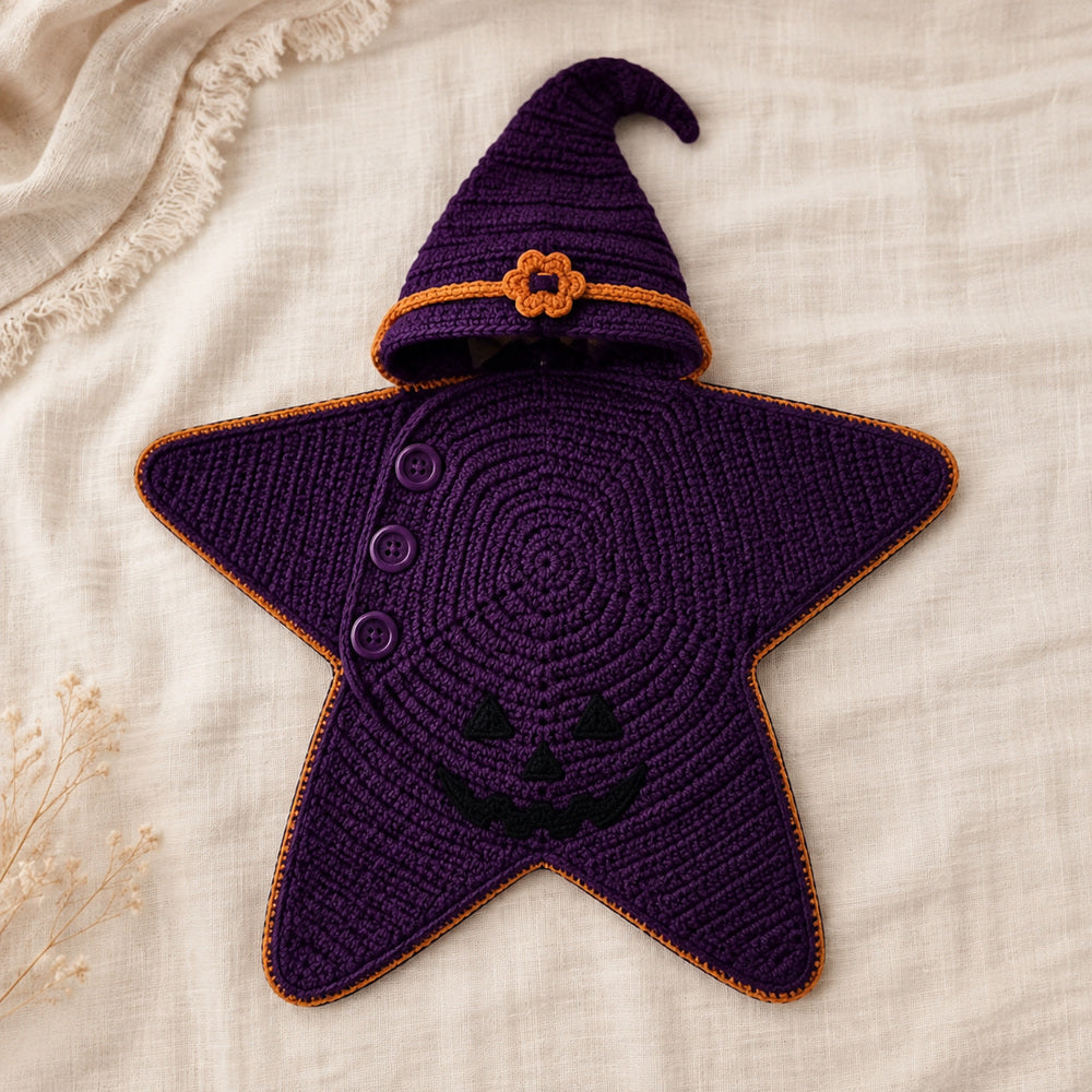 Purple witch crochet star baby blanket with pointed hood and orange trim.