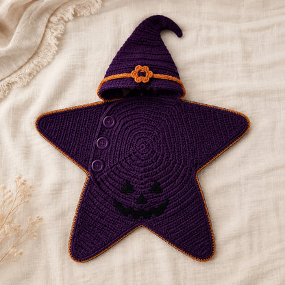 Purple witch crochet star baby blanket with pointed hood and orange trim.