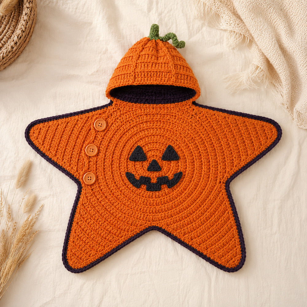 Orange pumpkin crochet star baby blanket with jack-o'-lantern face.