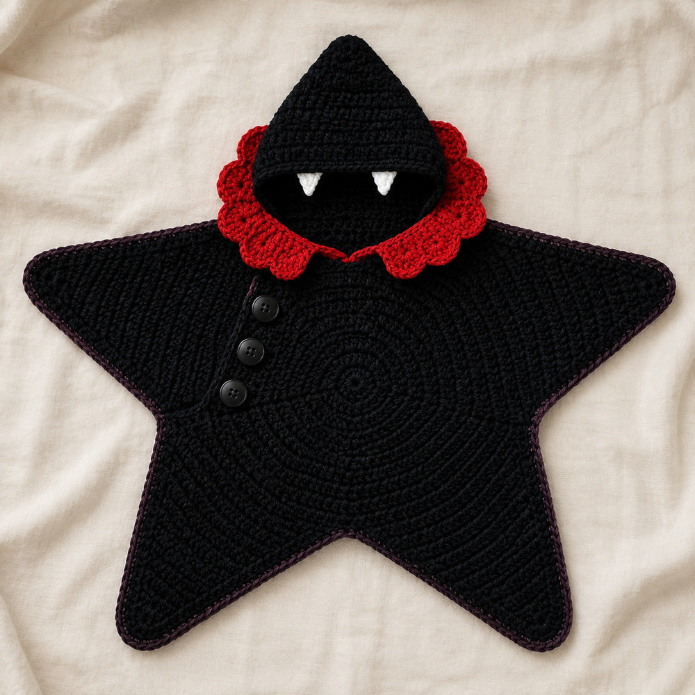 Black vampire crochet star baby blanket with red collar and fang hood.