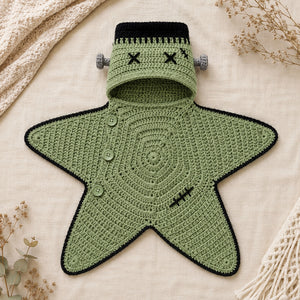 Green Frankenstein crochet star baby blanket with monster hood and buttons.