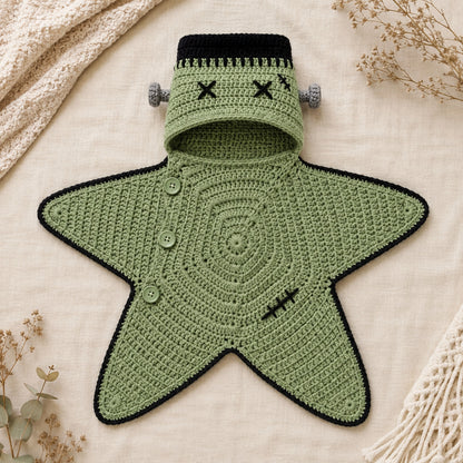 Green Frankenstein crochet star baby blanket with monster hood and buttons.