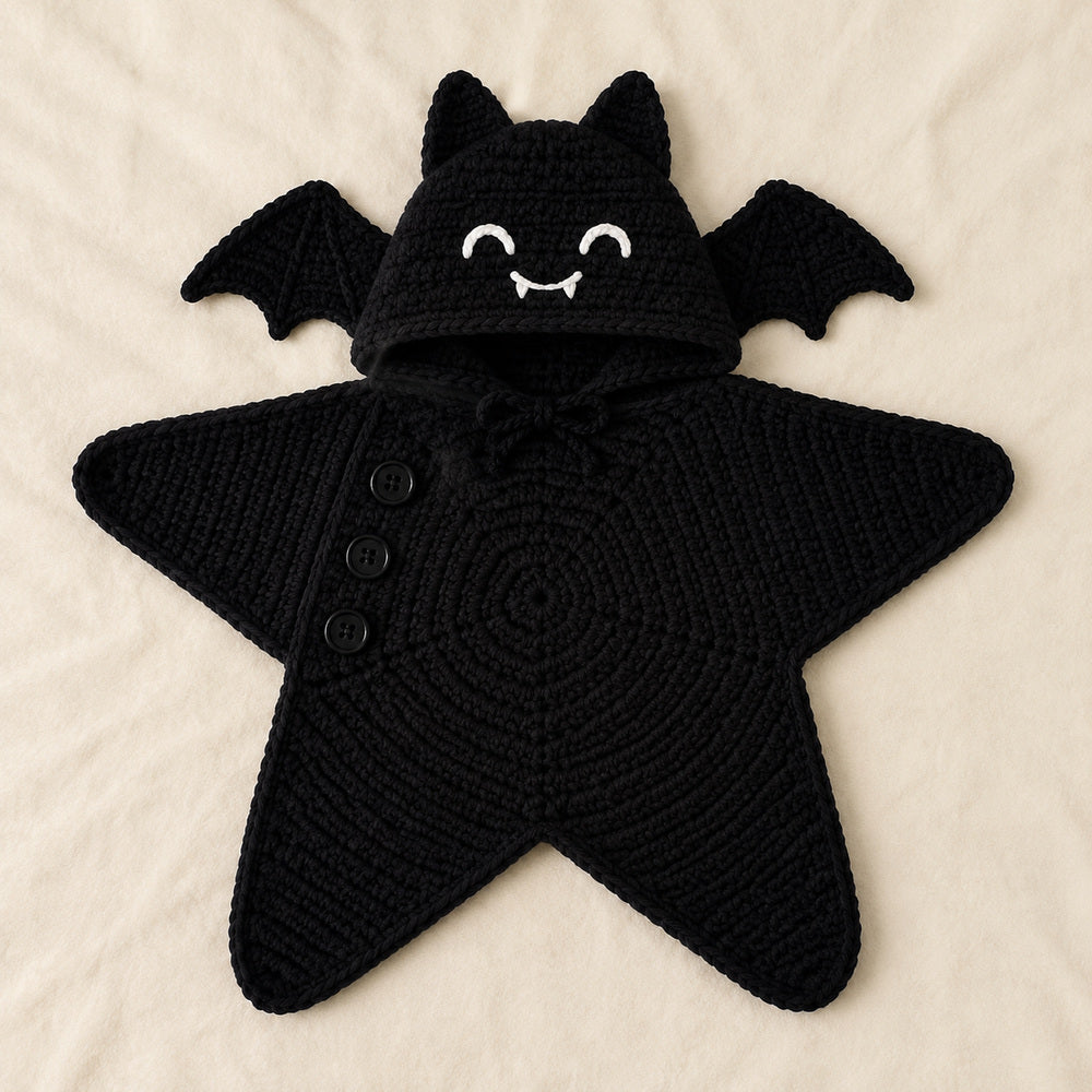 Black bat crochet star baby blanket with smiling hood and wings.