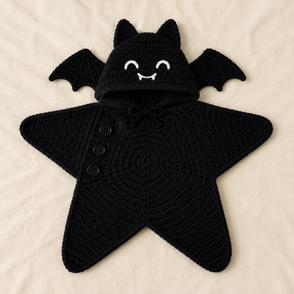Black bat crochet star baby blanket with smiling hood and wings.