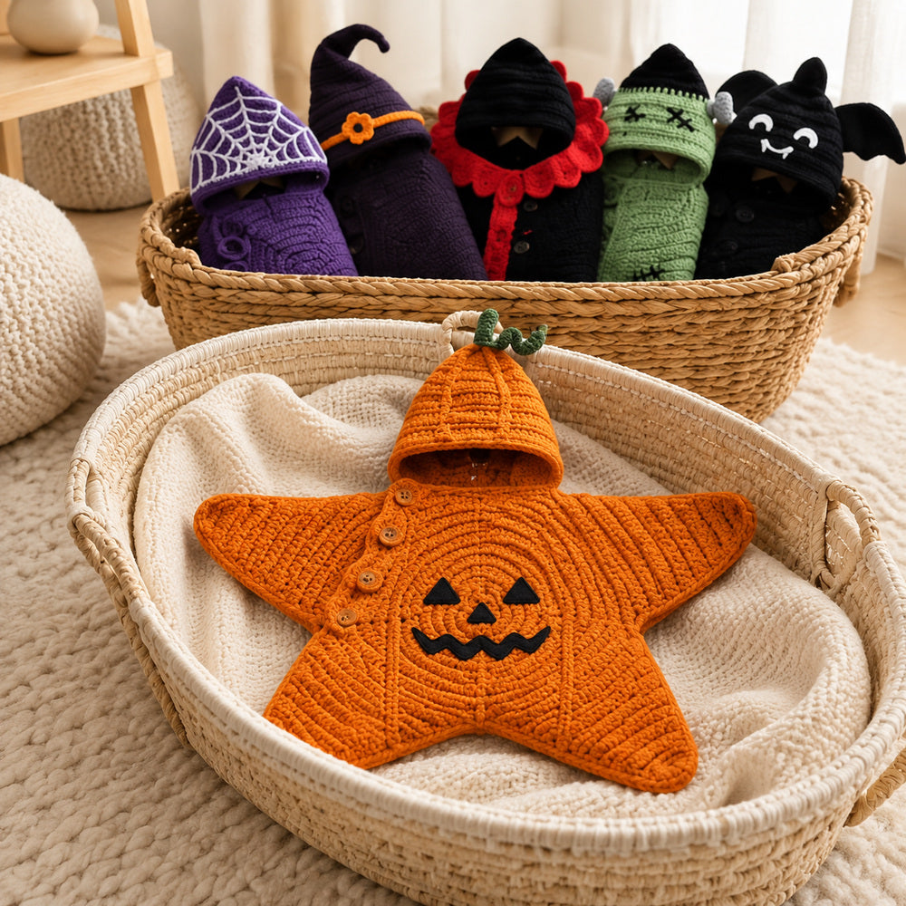 Halloween crochet star baby blankets arranged in baskets for a nursery display.
