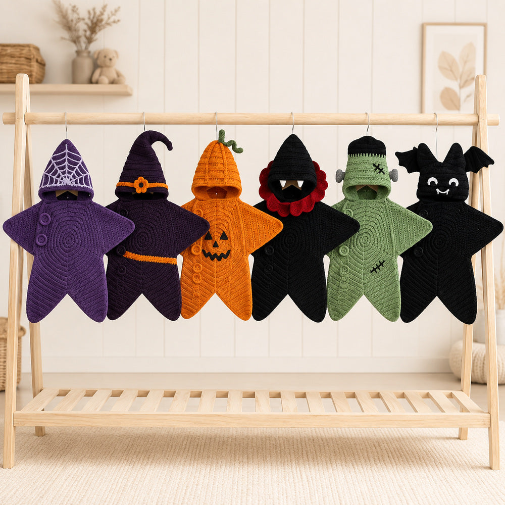 Six handmade crochet star baby blanket Halloween designs displayed together.