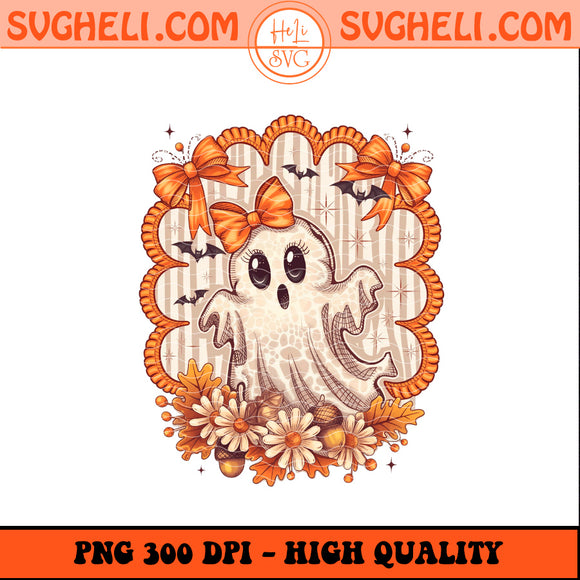 Cute Fall Ghost with Bow Png Autumn Daisy Acorn Halloween Png