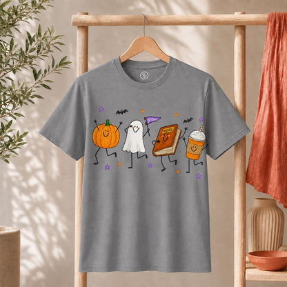 Cute Halloween Doodles Shirt featuring pumpkin, ghost, and festive elements on a gray unisex tee.