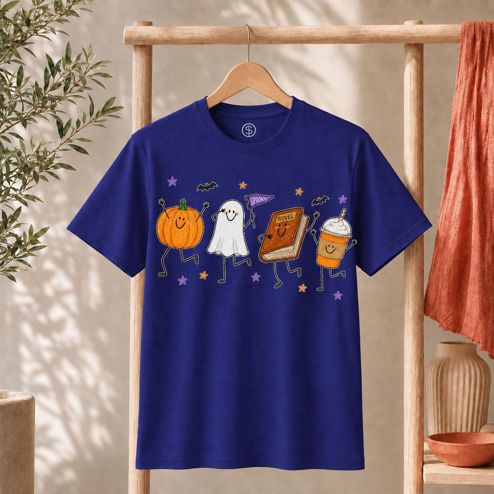 Cute Halloween Doodles Shirt featuring pumpkin, ghost, and festive treats on a navy tee