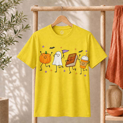 Cute Halloween Doodles Shirt featuring a ghost, pumpkin, and festive decorations on a yellow unisex tee.