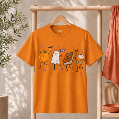 Cute Halloween Doodles Shirt with playful pumpkin, ghost, and autumn decorations on an orange unisex tee.