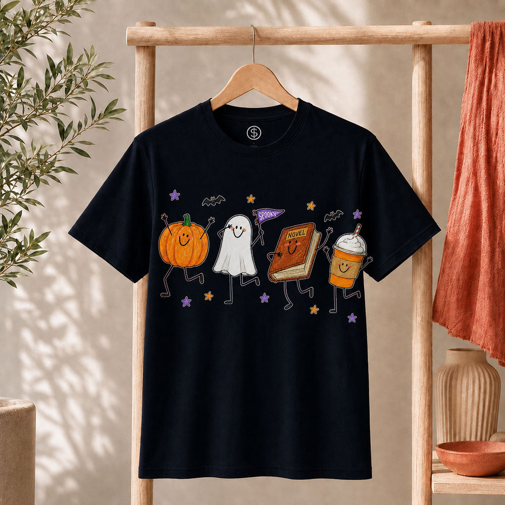 Cute Halloween Doodles Shirt featuring a pumpkin, ghost, and festive treats, perfect for fall Halloween celebrations.