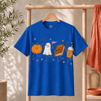 Cute Halloween Doodles Shirt featuring pumpkin, ghost, and festive doodles on a blue unisex tee.