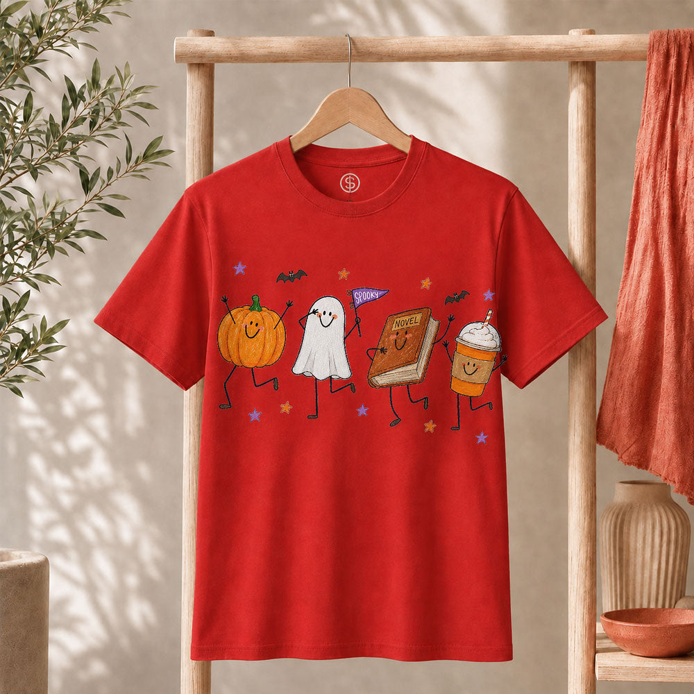 Cute Halloween Doodles Shirt featuring pumpkin, ghost, and festive treats on a red unisex tee for Halloween.