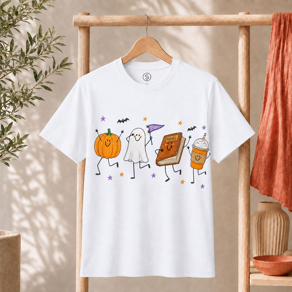 Cute Halloween Doodles Shirt featuring a pumpkin, ghost, trick-or-treat bag and drink, perfect for the spooky season.