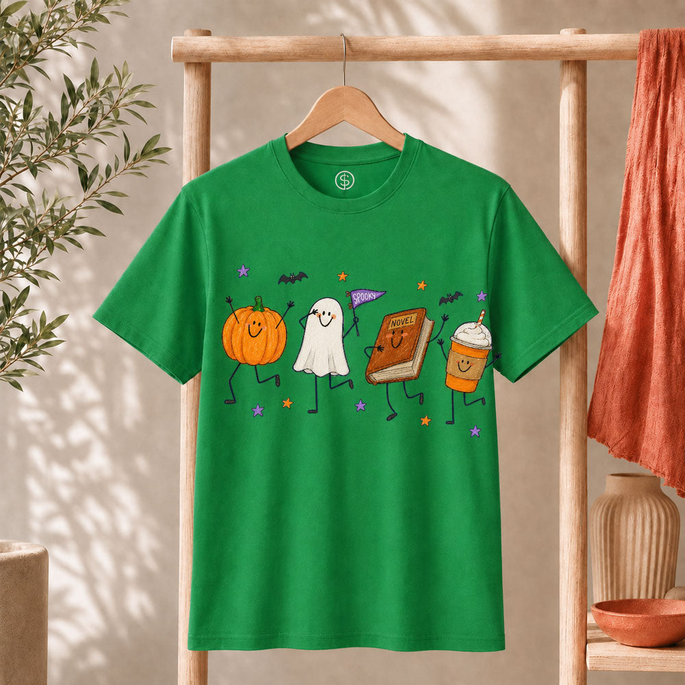 Cute Halloween Doodles Shirt featuring playful pumpkin, ghost, and festive treats in a vibrant green unisex tee.