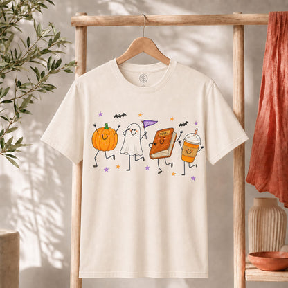 Cute Halloween Doodles Shirt with playful pumpkin, ghost, and spooky decorations, perfect for the fall season.