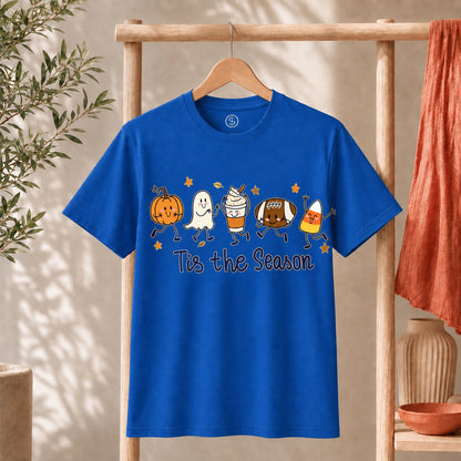 Cute Halloween Pumpkin Ghost Football Coffee Candy Corn Shirt featuring playful designs on a blue t-shirt.