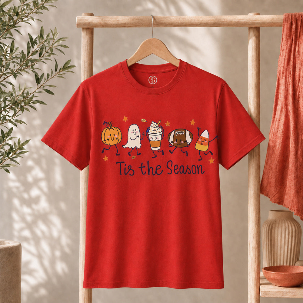 Cute Halloween Pumpkin Ghost Football Coffee Candy Corn Shirt on a red t-shirt with playful seasonal graphics.