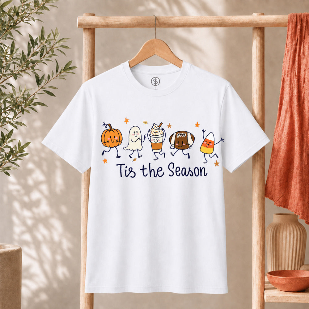 Cute Halloween Pumpkin Ghost Football Coffee Candy Corn Shirt on display with playful Halloween graphics and text.