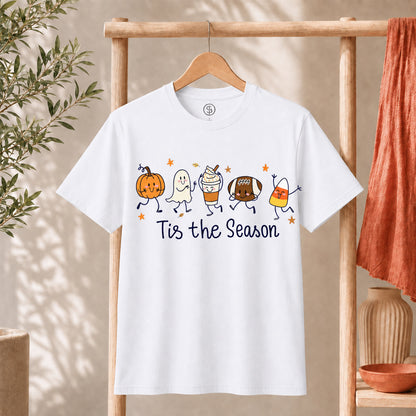 Cute Halloween Pumpkin Ghost Football Coffee Candy Corn Shirt on display with playful Halloween graphics and text.