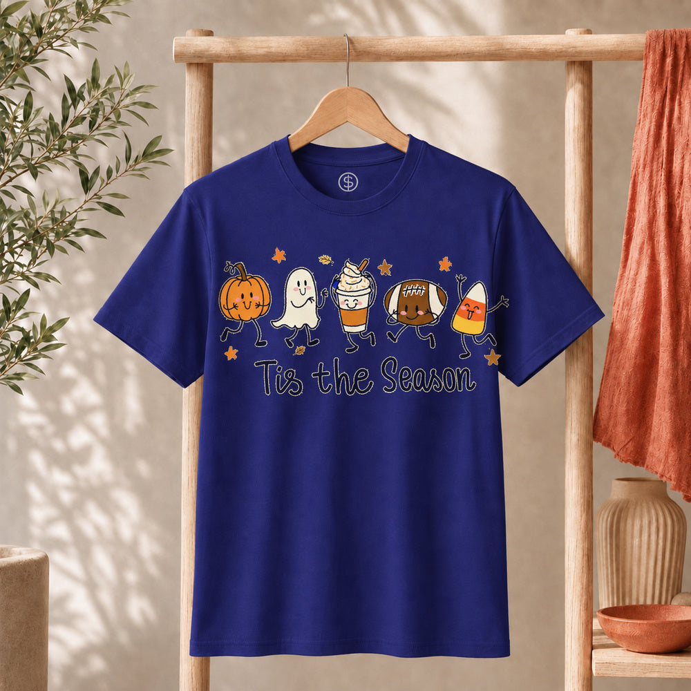 Cute Halloween Pumpkin Ghost Football Coffee Candy Corn Shirt displayed on a blue t-shirt with seasonal graphics.