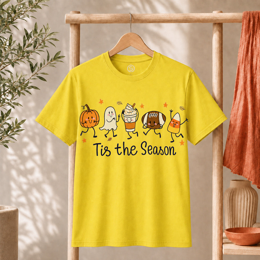 Cute Halloween Pumpkin Ghost Football Coffee Candy Corn Shirt displayed on a yellow t-shirt, celebrating the spooky season.