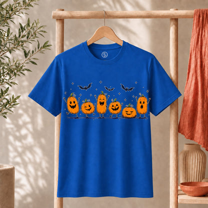 Cute Halloween Pumpkin Shirt featuring orange pumpkins and bats on a blue tee, perfect for spooky season.