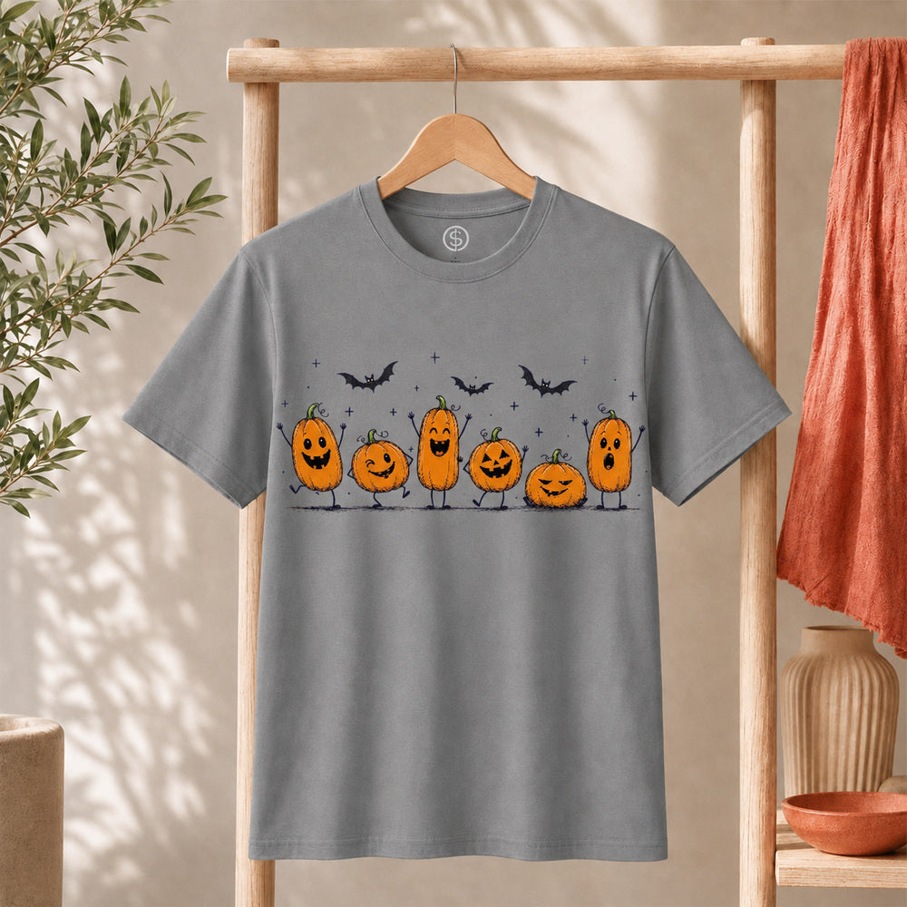 Cute Halloween Pumpkin Shirt featuring cheerful pumpkins and bats, perfect for spooky season.