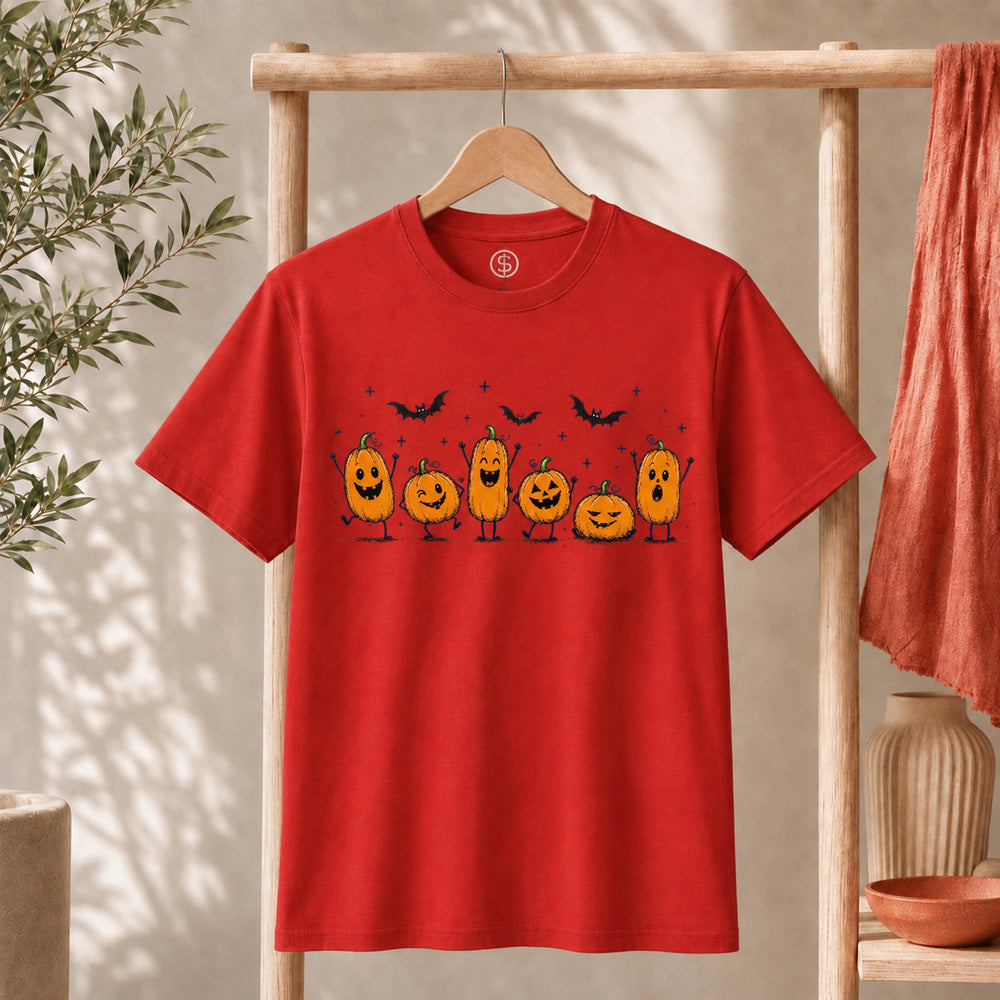 Cute Halloween Pumpkin Shirt with happy pumpkins and bats on a red tee, perfect for spooky season celebrations.