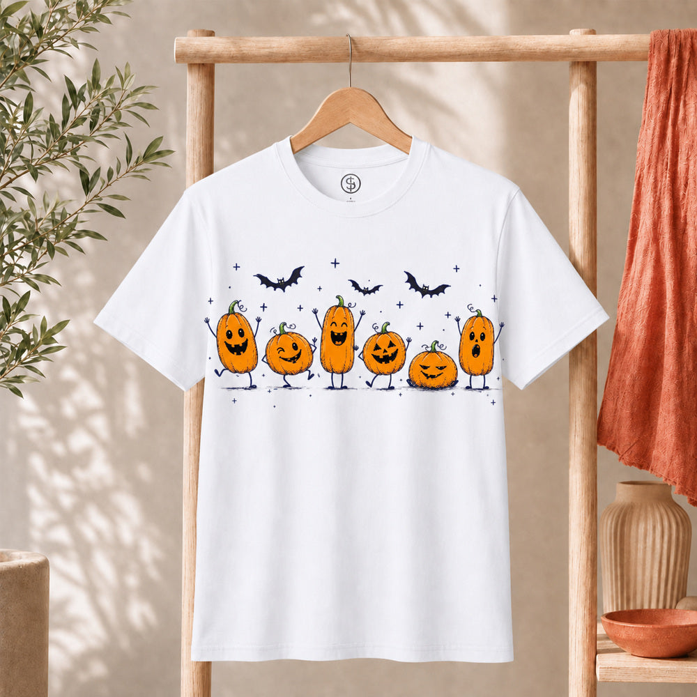 Cute Halloween Pumpkin Shirt featuring cheerful orange pumpkins and playful bats for spooky season.