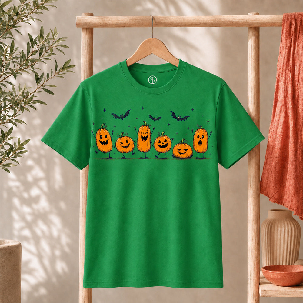 Cute Halloween Pumpkin Shirt featuring colorful pumpkins and bats on a green tee for spooky season.