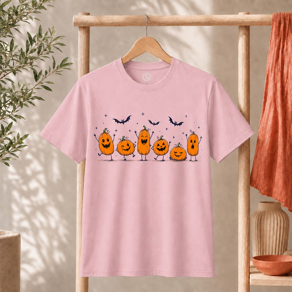 Cute Halloween Pumpkin Shirt featuring cheerful orange pumpkins and bats, perfect for spooky season celebrations.